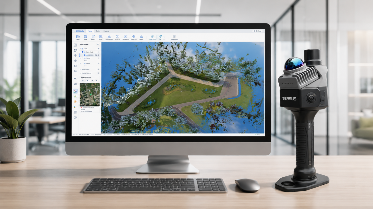 MVPStudio point cloud processing software displayed beside the MVP S1 mobile mapping scanner
