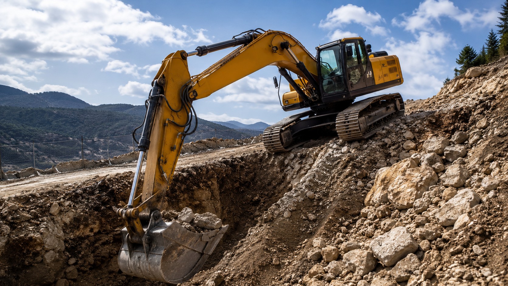 Excavator operating on a sloped construction site, from the T1 application material