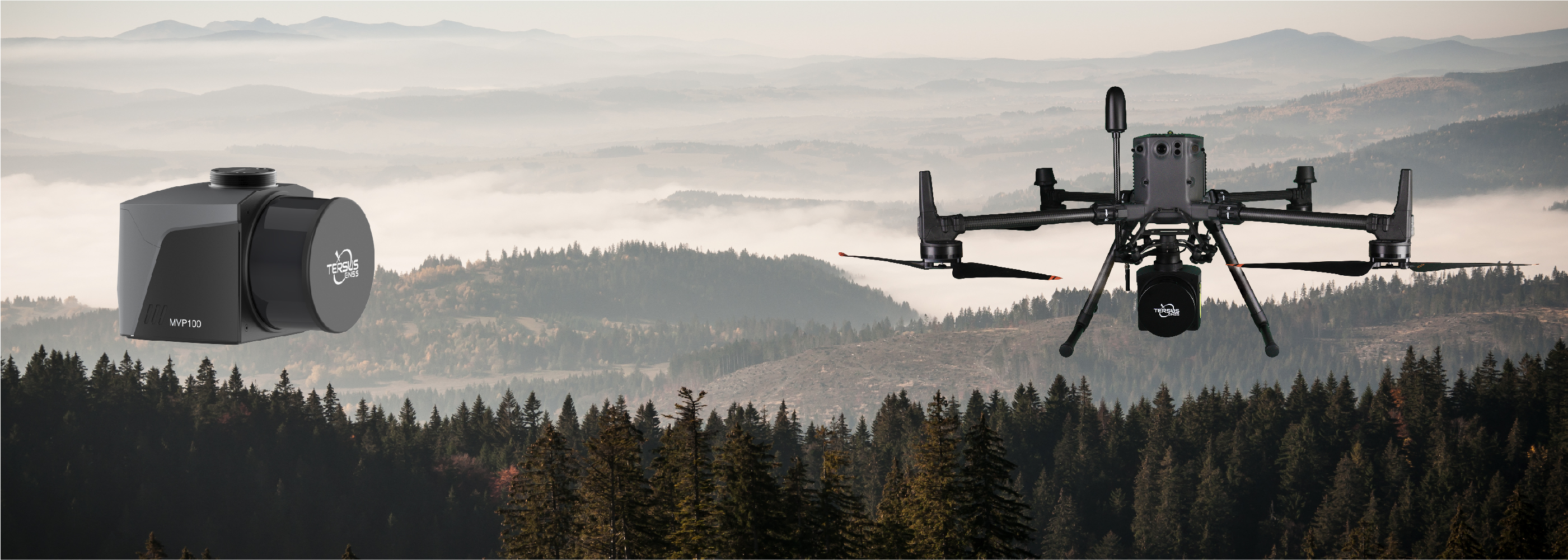 UAV carrying an airborne mapping system above forested terrain, from the MVP100 product material