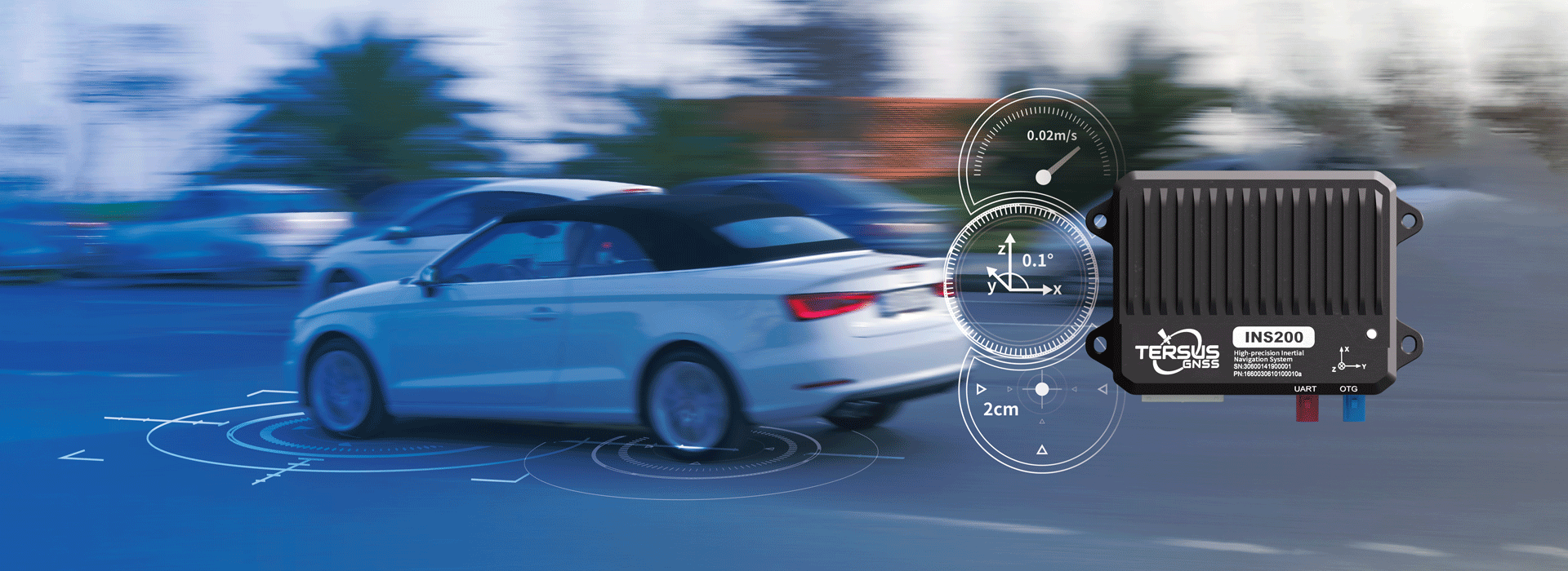 Official INS200 illustration with a road vehicle and the inertial navigation unit