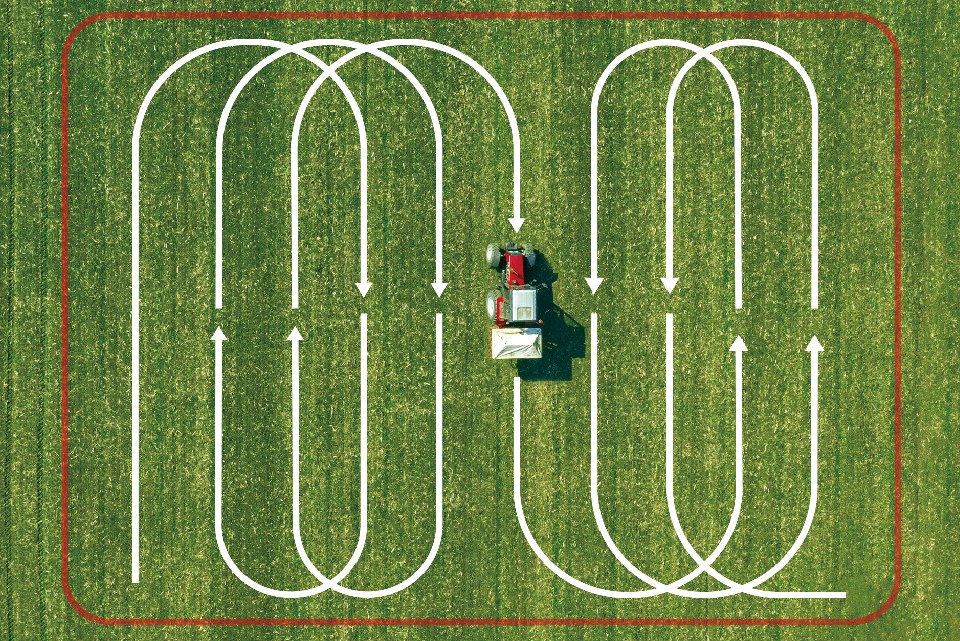 Overhead field photograph with illustrated machinery guidance paths