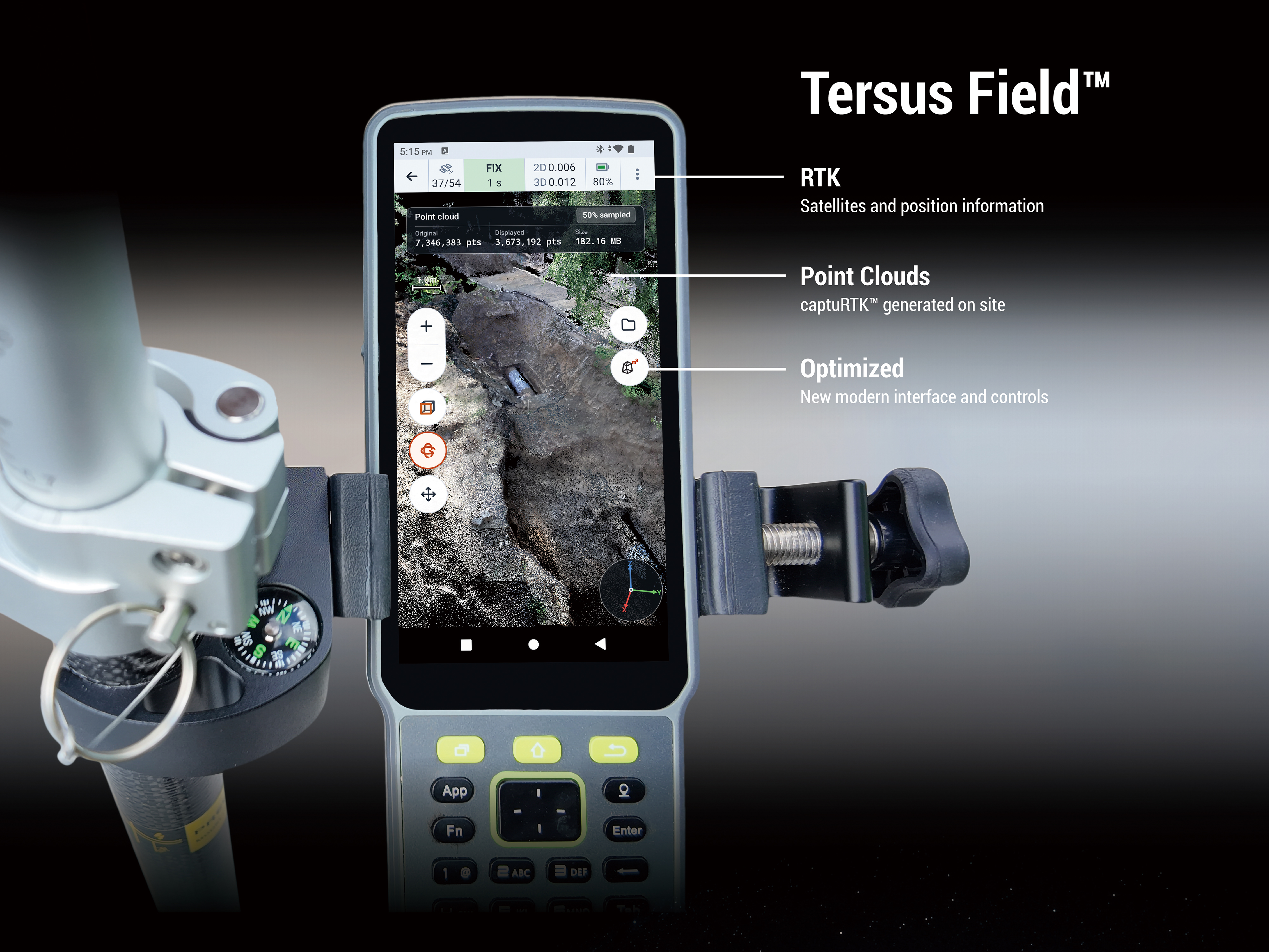 Tersus Field displays a captuRTK point cloud on a GNSS data collector
