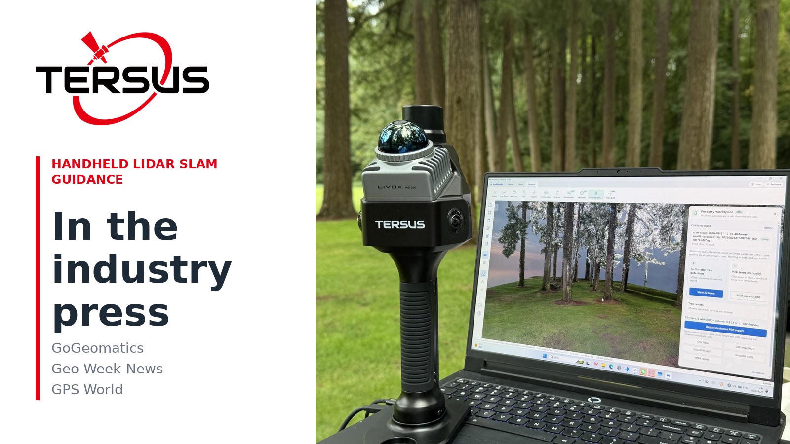 Tersus handheld LiDAR SLAM guide covered by GoGeomatics, Geo Week News and GPS World